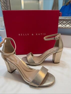 Kelly & Katie Metallic Gold Block Heel Sandals with Ankle Strap